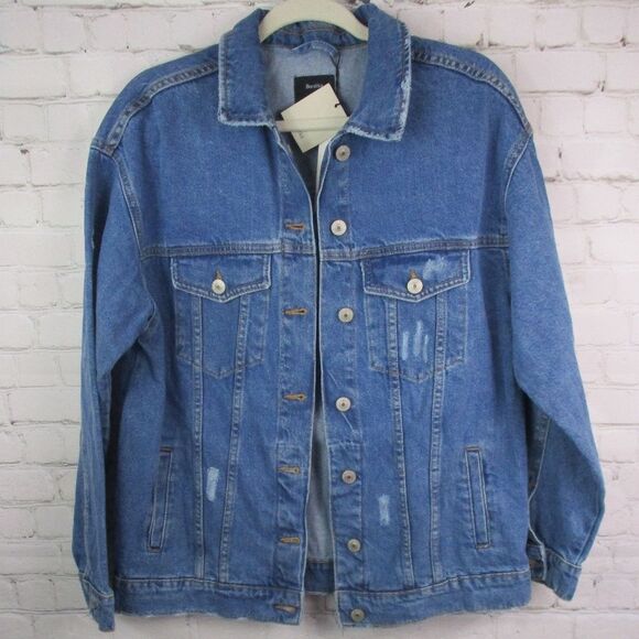 NWT Bershka Oversized Distressed Denim Button Up Jacket - Picture 1 of 6